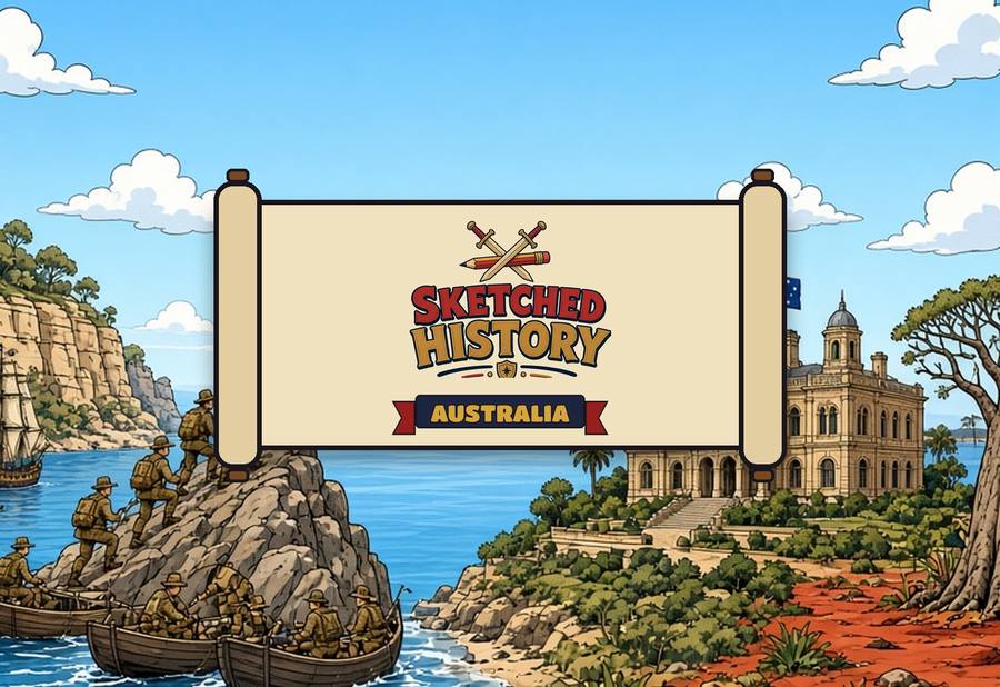 A cartoon Australian scene: tall ships on a blue harbour, soldiers in boats below sandstone cliffs, a grand sandstone building, a baobab tree on red earth and an old aeroplane in the sky.