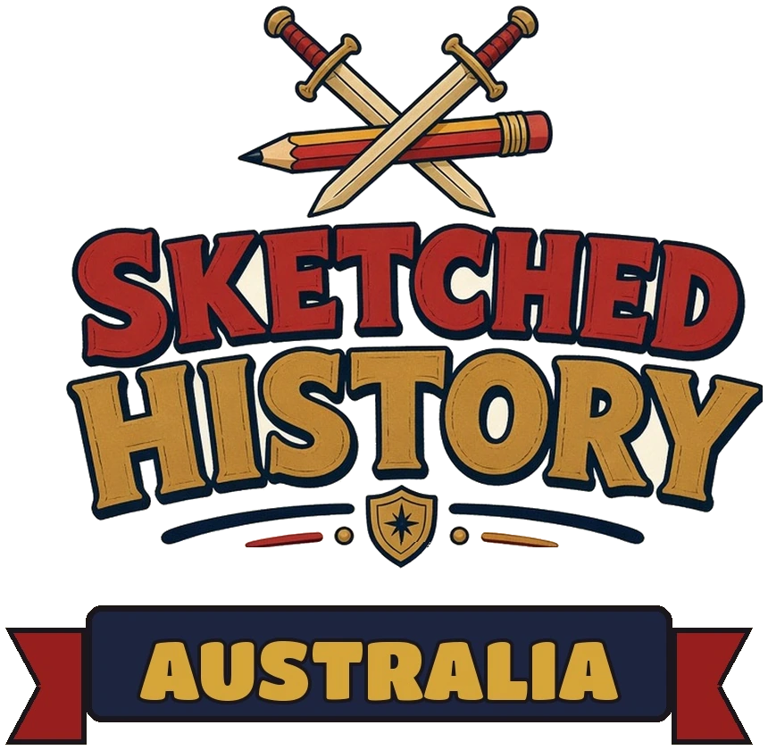 Sketched History Australia logo: crossed swords over a pencil above the words Sketched History, with a navy ribbon reading Australia.